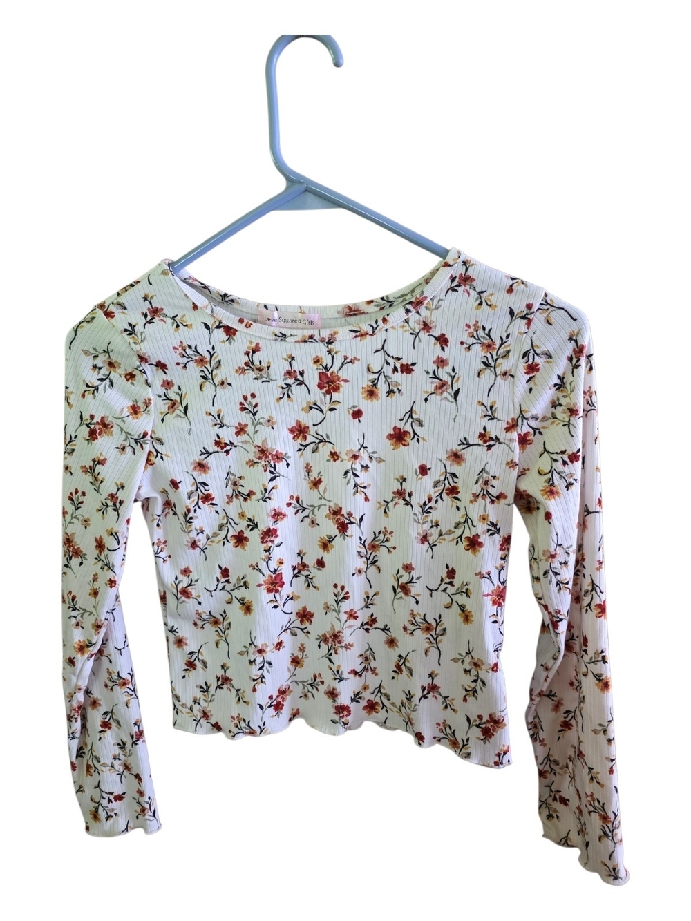 Love Squared White Ribbed Floral Long-Sleeve Girls Top